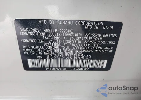 2019 Subaru Forester Limited z USA, uszkodzony, nr VIN JF2SKASC4KH499049